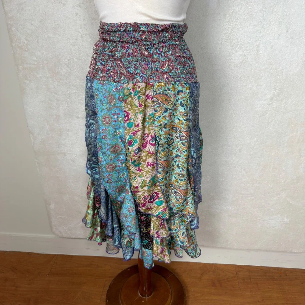 Boho Paisley Patchwork Smocked Convertible Maxi Skirt Tube Dress Blue